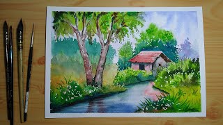 Simple watercolor landscape painting for beginners [upl. by Esetal912]