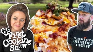 Betty Takeover Shrimp and Chicken Nachos  CJs First Cooking Show  Blackstone Griddles [upl. by Ahsets]