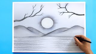 How to Draw a simple Landscape  Easy Pencil Drawing [upl. by Cesaro]