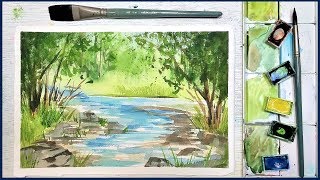 Easy Beginner Landscape in Watercolor Summer Stream [upl. by Eirallam]