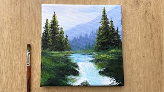 Acrylic Painting for Beginners  Forest Trees Mountain Landscape Painting [upl. by Ahcsim282]