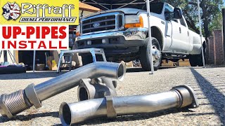 2001 F350 73  RiffRaff UpPipes Install  Stock up pipes leaking and falling apart JUNK SP [upl. by Arihas]