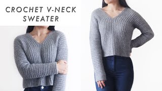 Crochet Vneck Sweater  how to crochet a sweater tutorial  for the frills [upl. by Hurff251]