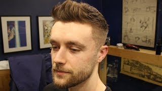 Short Textured Mens Fade Haircut With Front Cowlick amp Beard Trim [upl. by Jorey479]